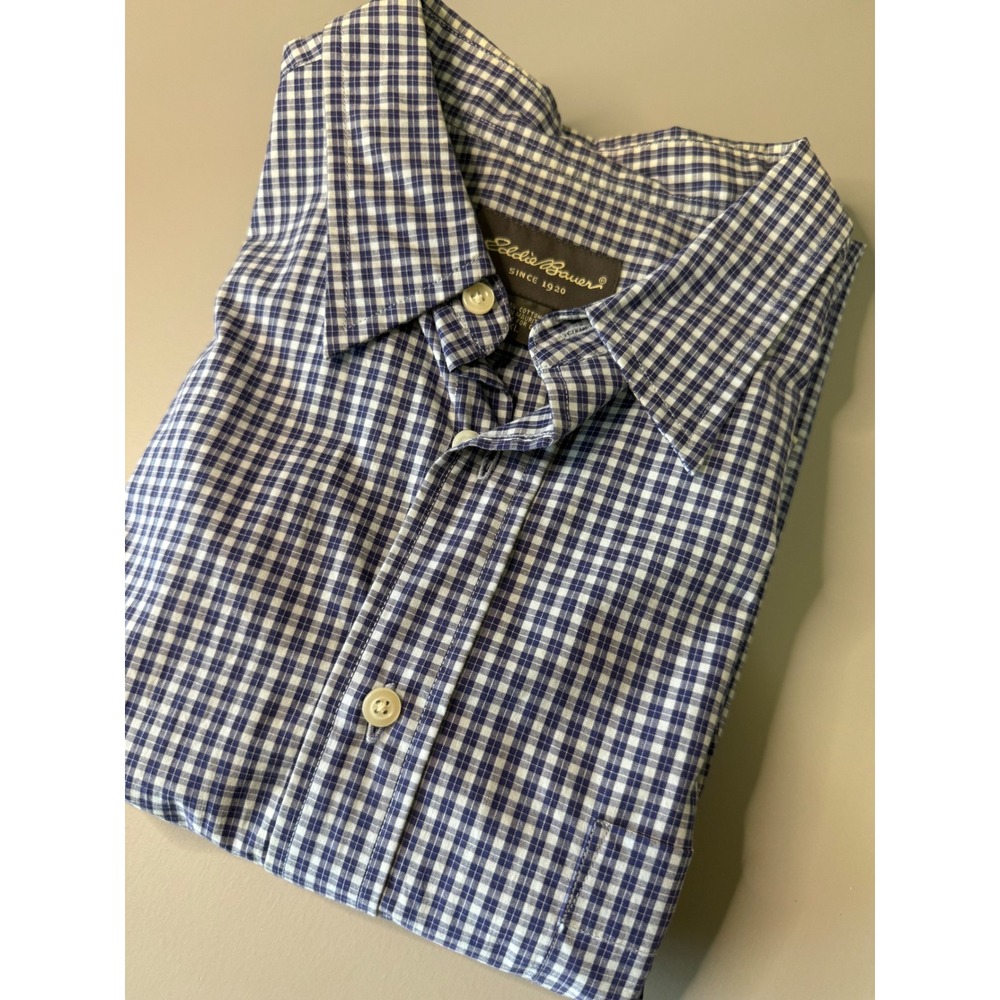 Eddie Bauer Mens XL Short Sleeve Gingham Button Down Shirt Navy White Cotton